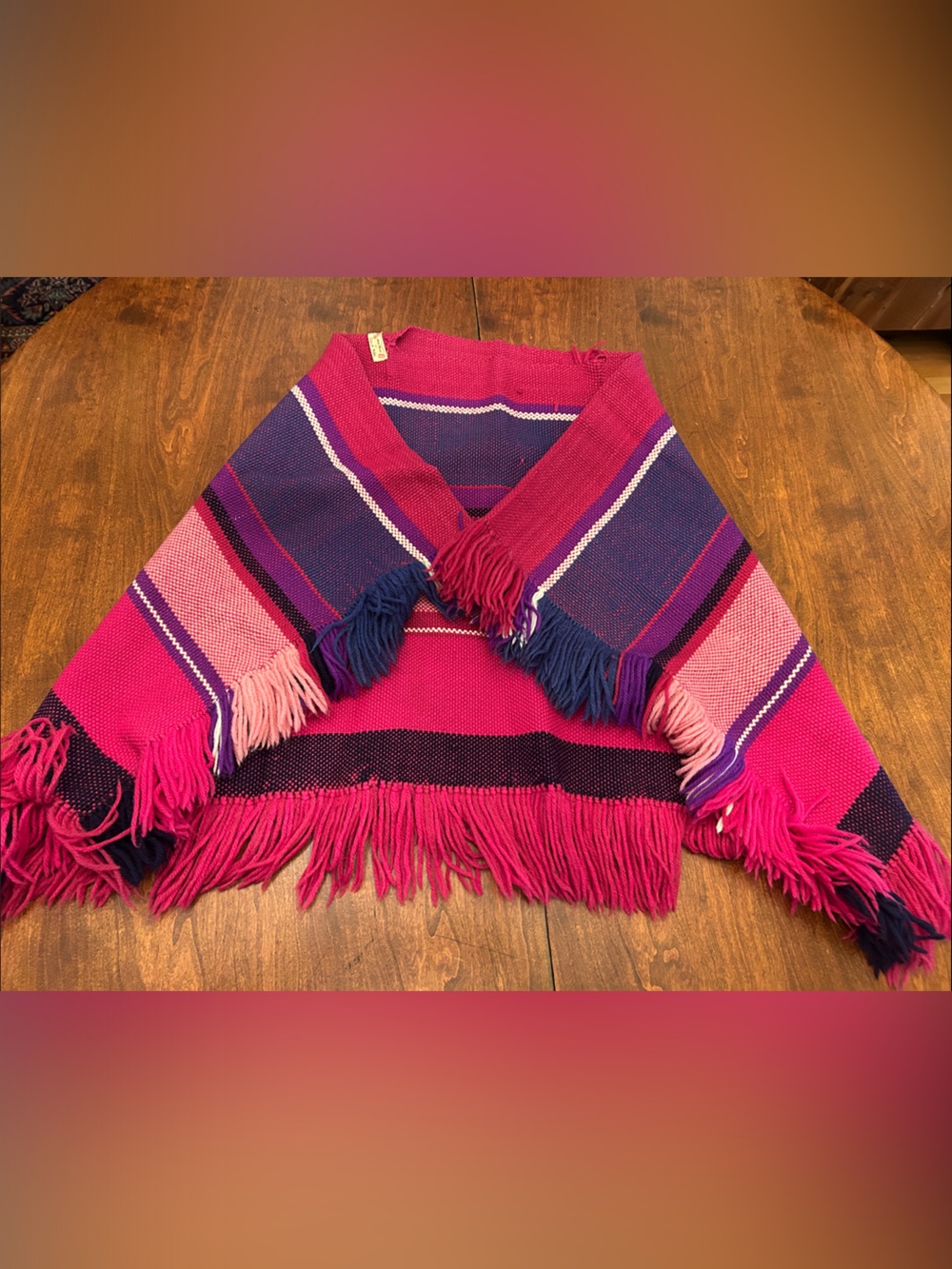 Gorgeous Vintage Never Worn Vibrant Pink & Purple Striped Fringe Poncho Shawl